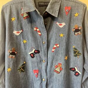 Vtg Denim Christmas Shirt Woman's 1X Santa Claus Embroidered Shoulder Pads